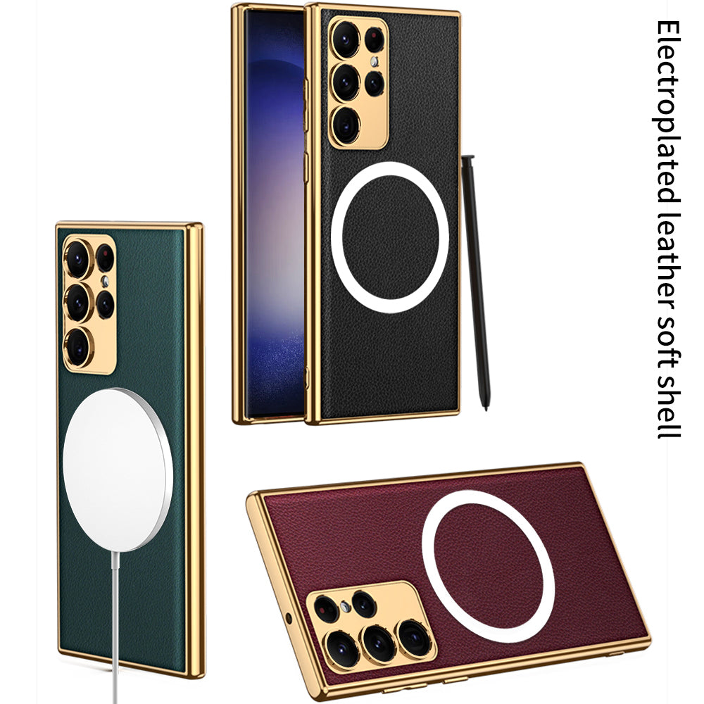 GKK Back Cover for Samsung Galaxy S23 Ultra Compatible with MagSafe Electroplating TPU Frame PU Leather PC Case GKK Back Cover for Samsung Galaxy S23 Ultra Compatible with MagSafe Electroplating TPU Frame PU Leather PC Case